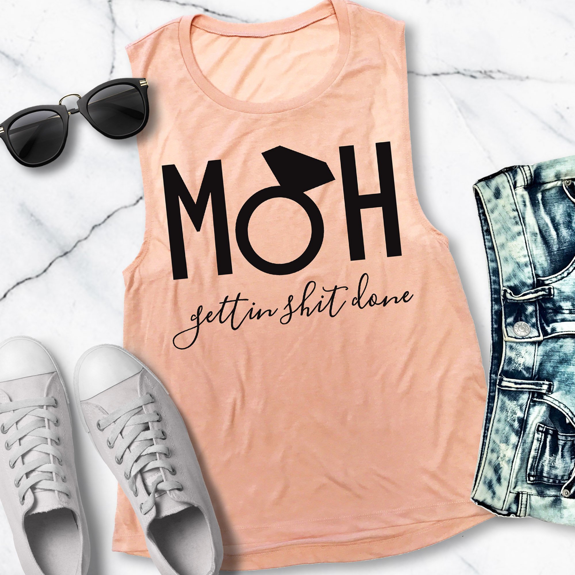 MOH Maid of Honor Gettin $hit Done Muscle Tank Top in black, peach, and sea foam colors, showcasing its stylish design and comfortable fit.